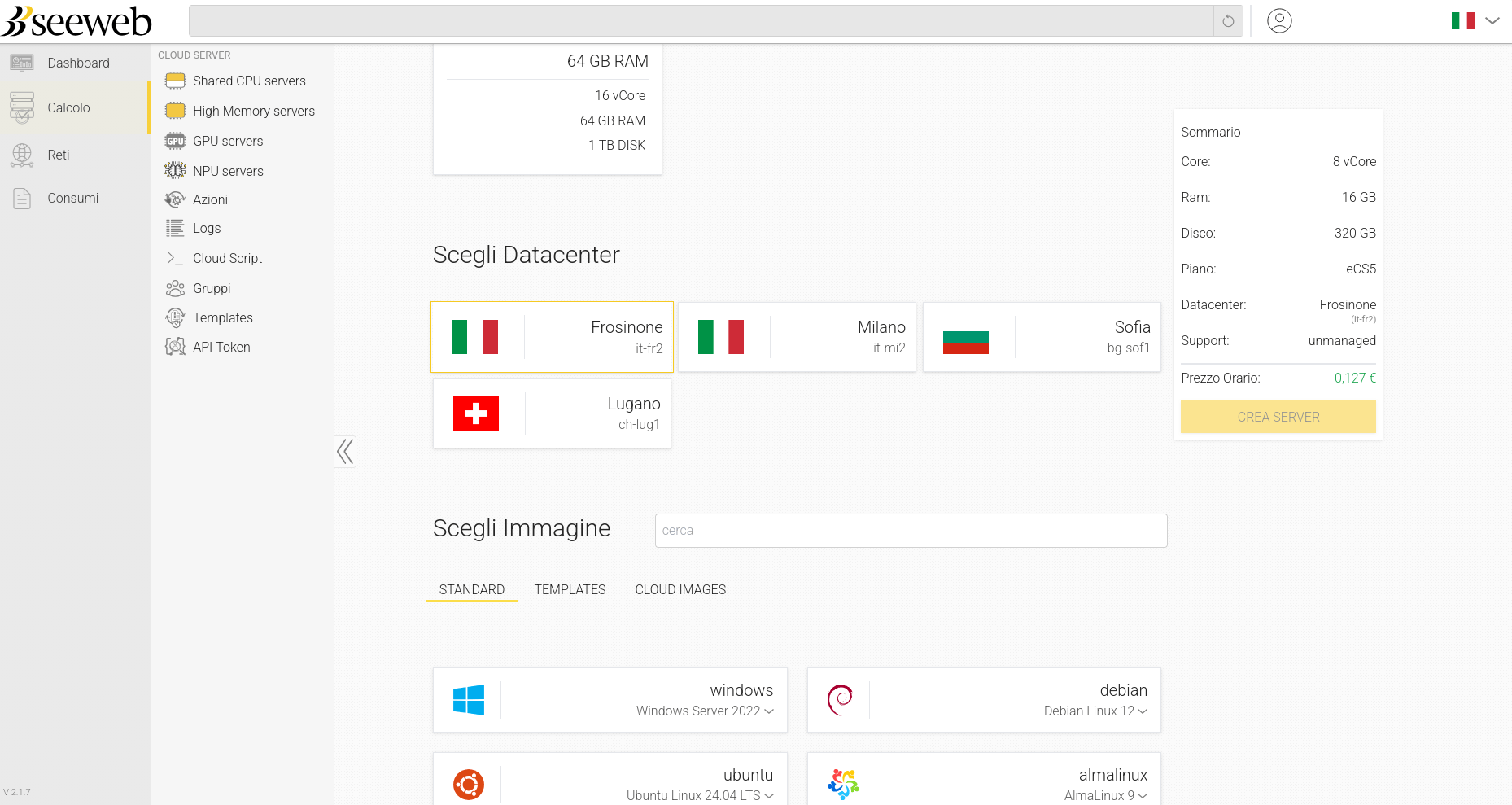 Pannello per la scelta del data center