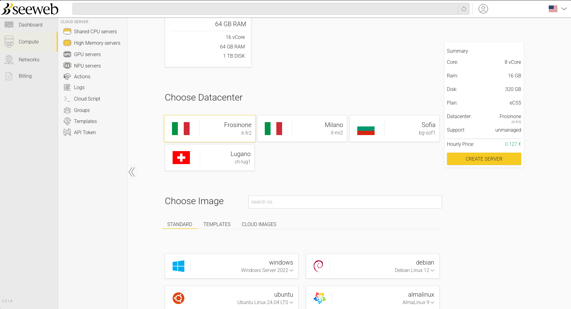 Pannello per la scelta del data center