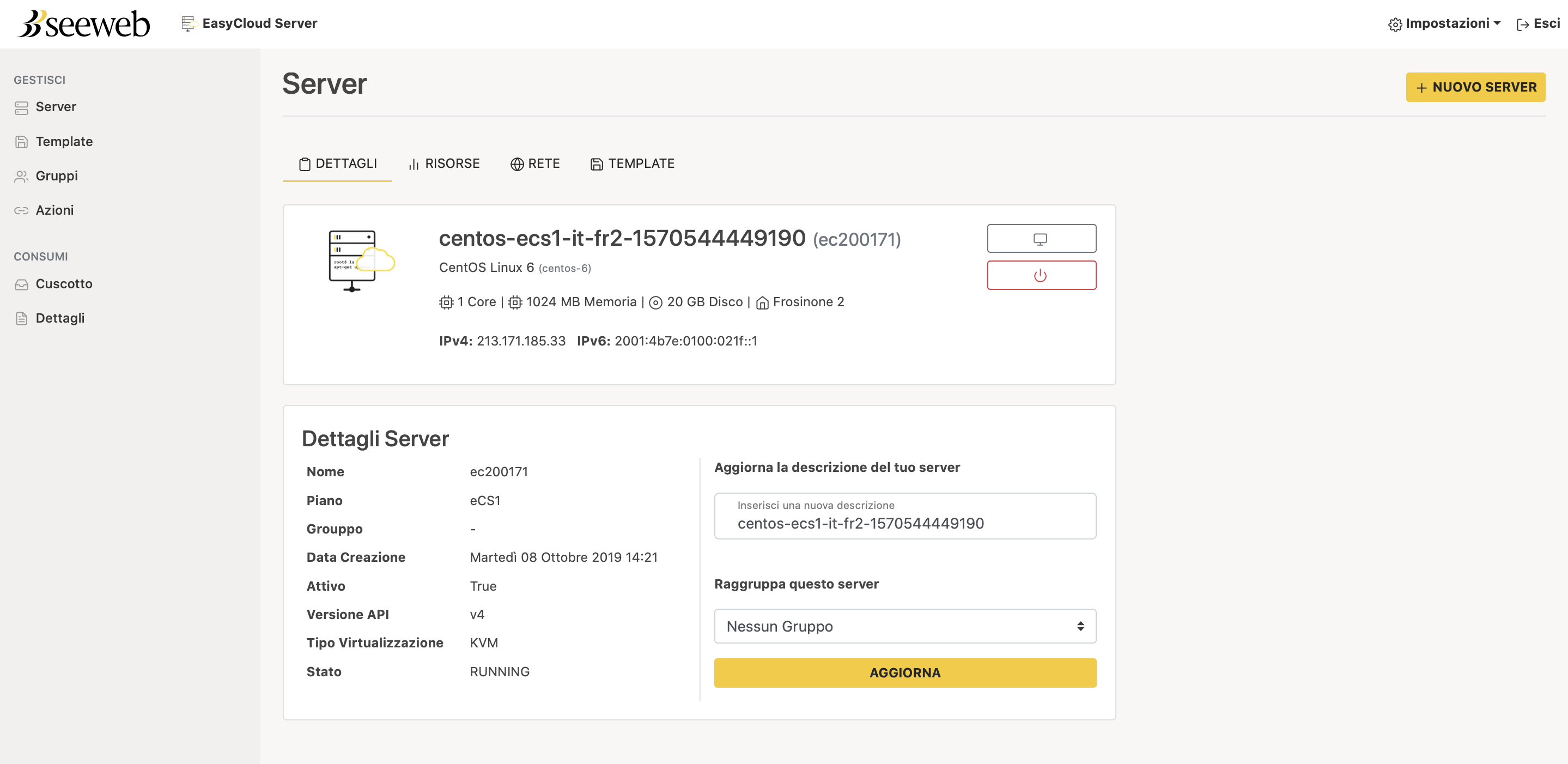 Snapshot dell’EasyCloud Server